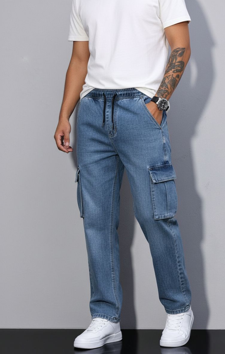 Men's Faded Blue Cargo Denim Pants