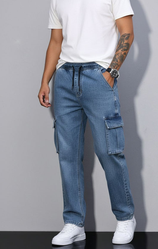 Men's Faded Blue Cargo Denim Pants